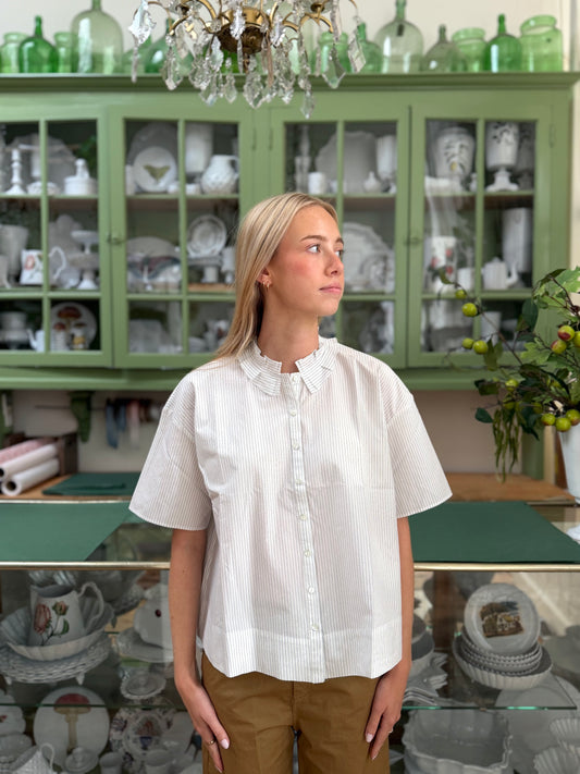 Minina Button Up Cotton Shirt With Frill Collar - White And Blue Stripe