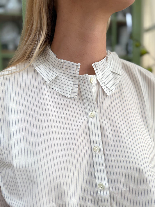 Minina Button Up Cotton Shirt With Frill Collar - White And Blue Stripe