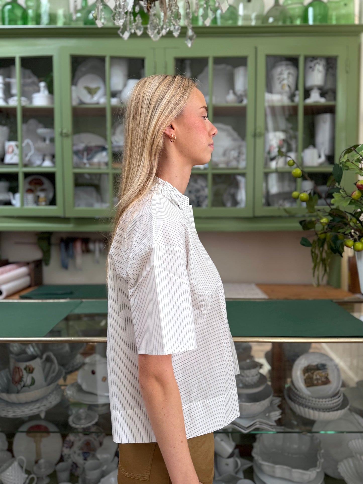 Minina Button Up Cotton Shirt With Frill Collar - White And Blue Stripe
