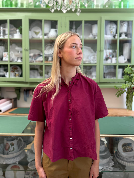 Minina Button Up Cotton Shirt With Frill Collar - Berry