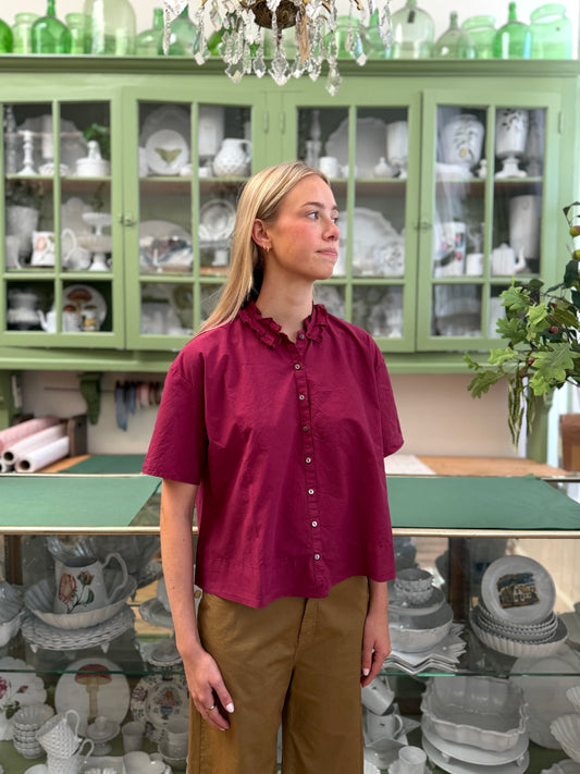 Minina Button Up Cotton Shirt With Frill Collar - Berry