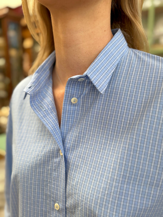 Minina Button Up Cotton Shirt - Blue Check