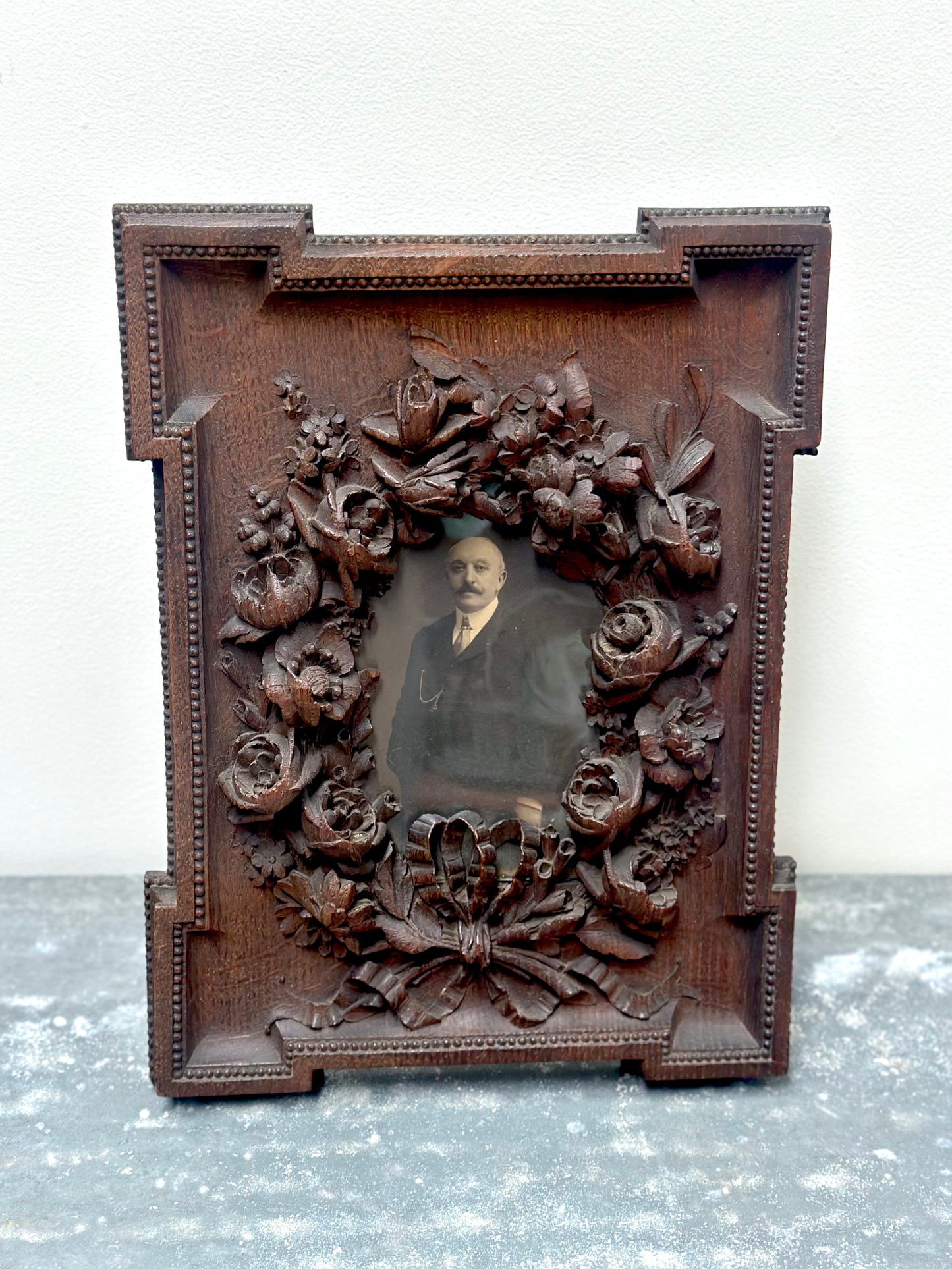 Antique French Floral Carved Wooden Photo Frame with Portrait