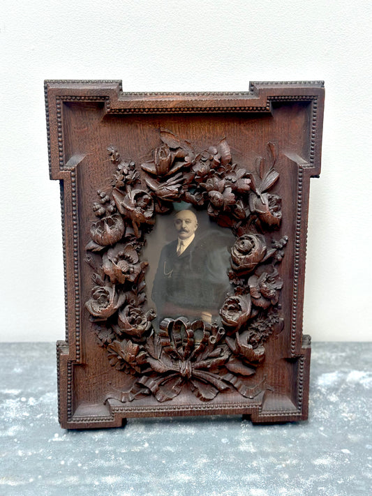 Antique French Floral Carved Wooden Photo Frame with Portrait