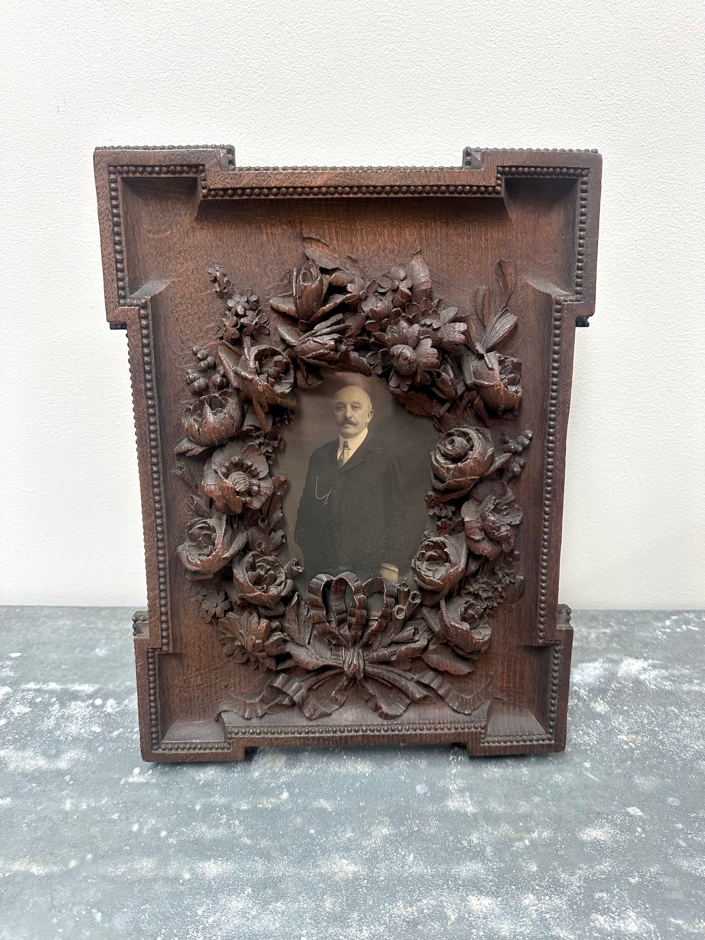Antique French Floral Carved Wooden Photo Frame with Portrait