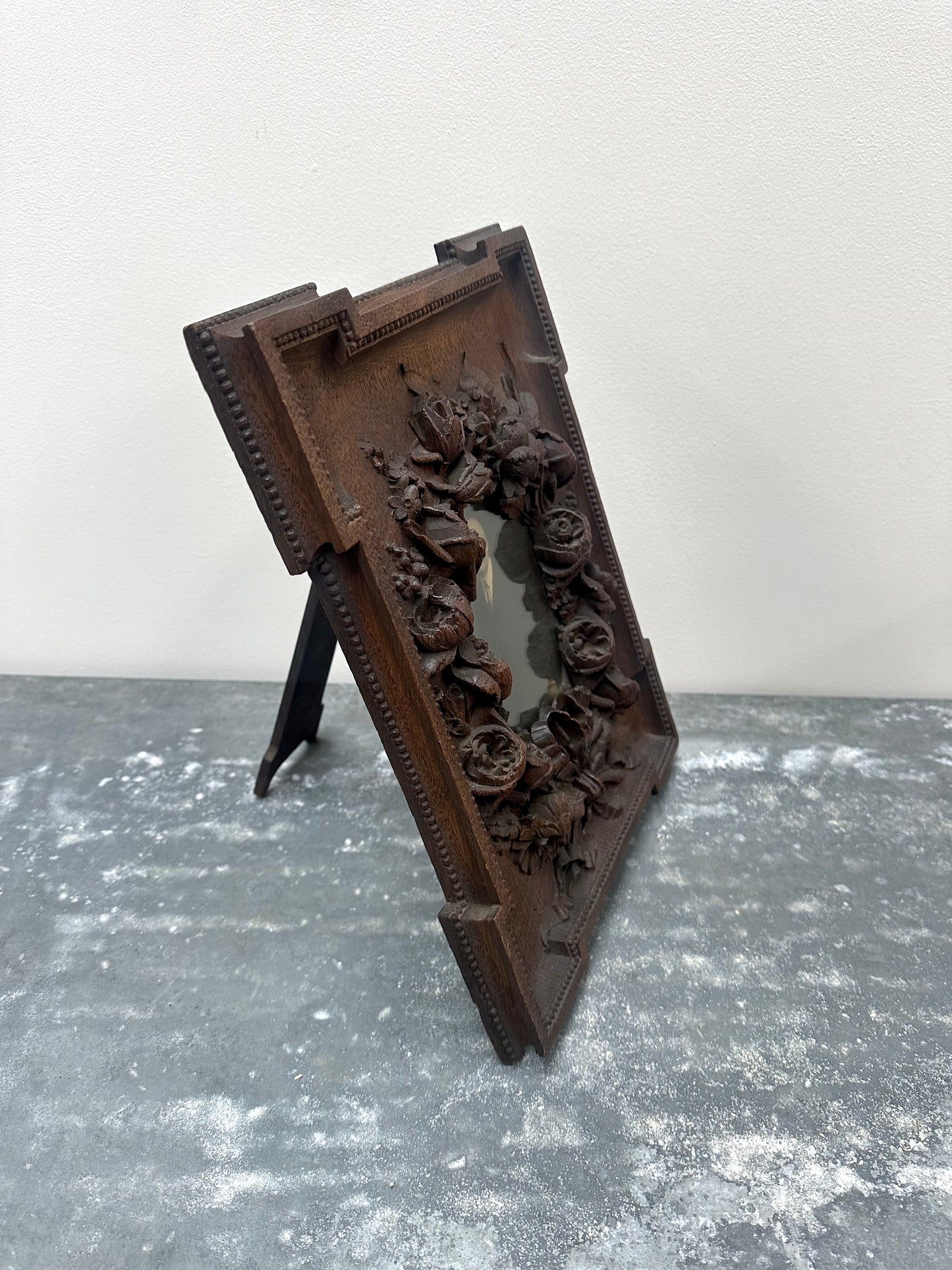 Antique French Floral Carved Wooden Photo Frame with Portrait