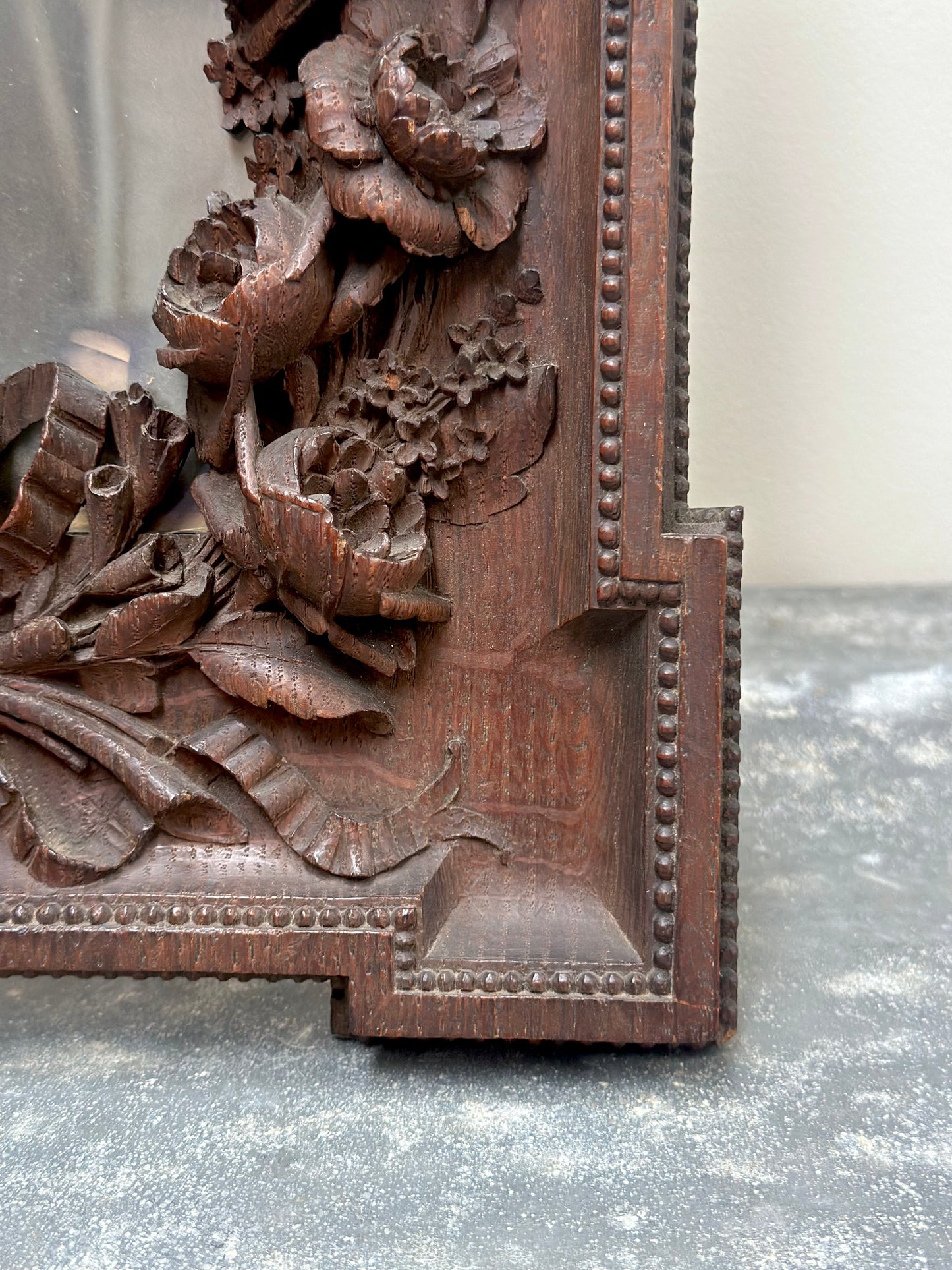 Antique French Floral Carved Wooden Photo Frame with Portrait