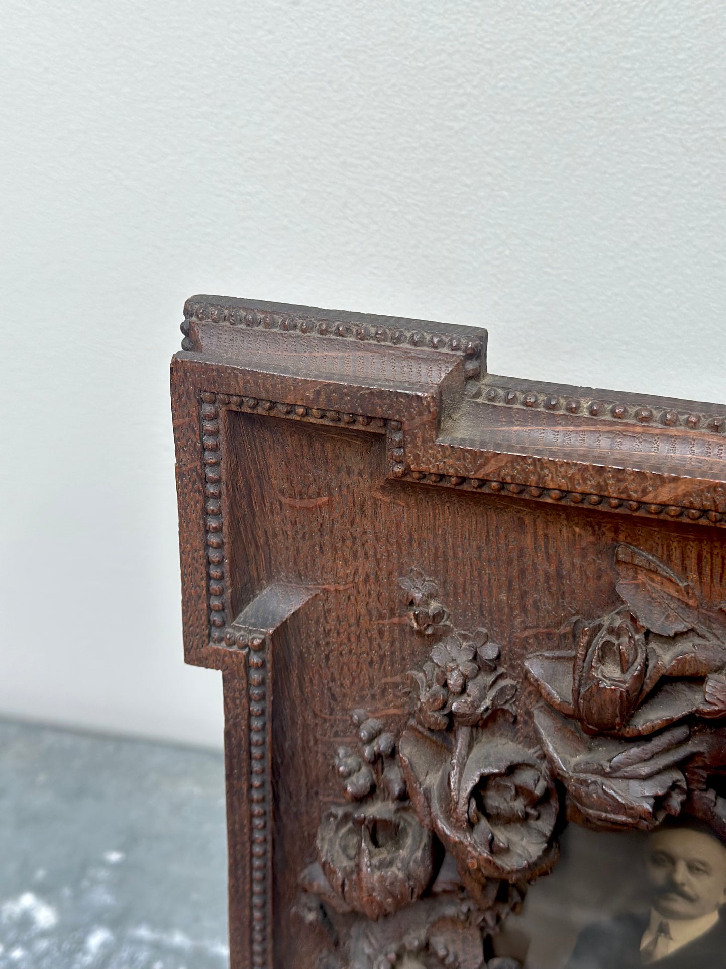Antique French Floral Carved Wooden Photo Frame with Portrait