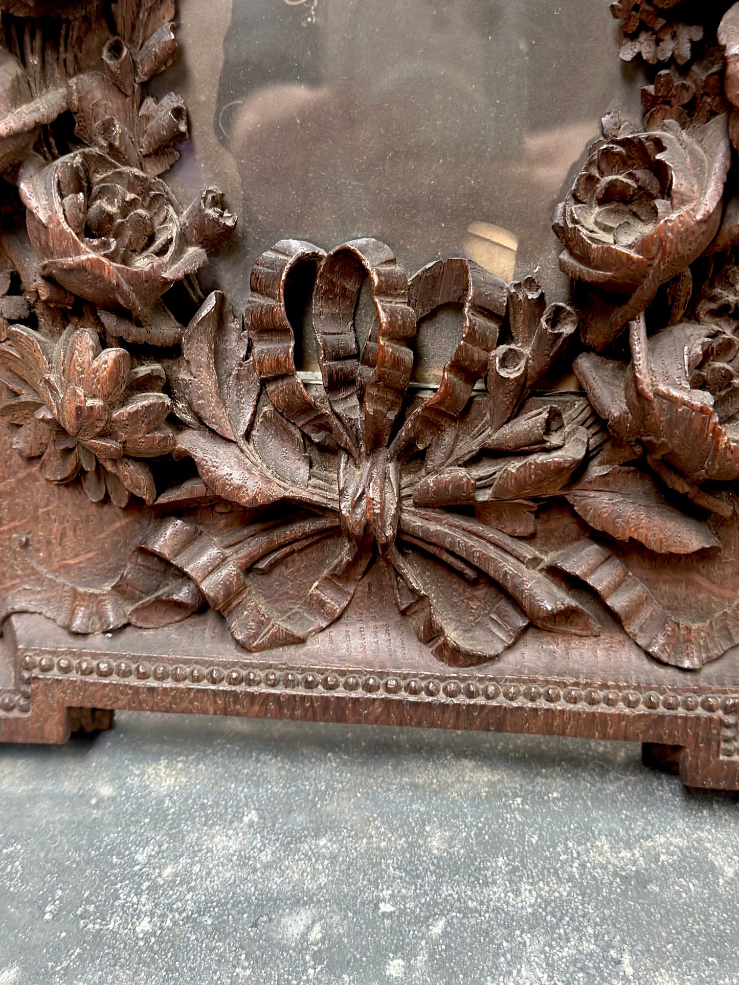 Antique French Floral Carved Wooden Photo Frame with Portrait