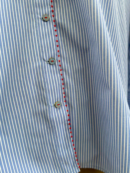 Péro Button Up Blue/White Stripe Shirt With Red Stitching
