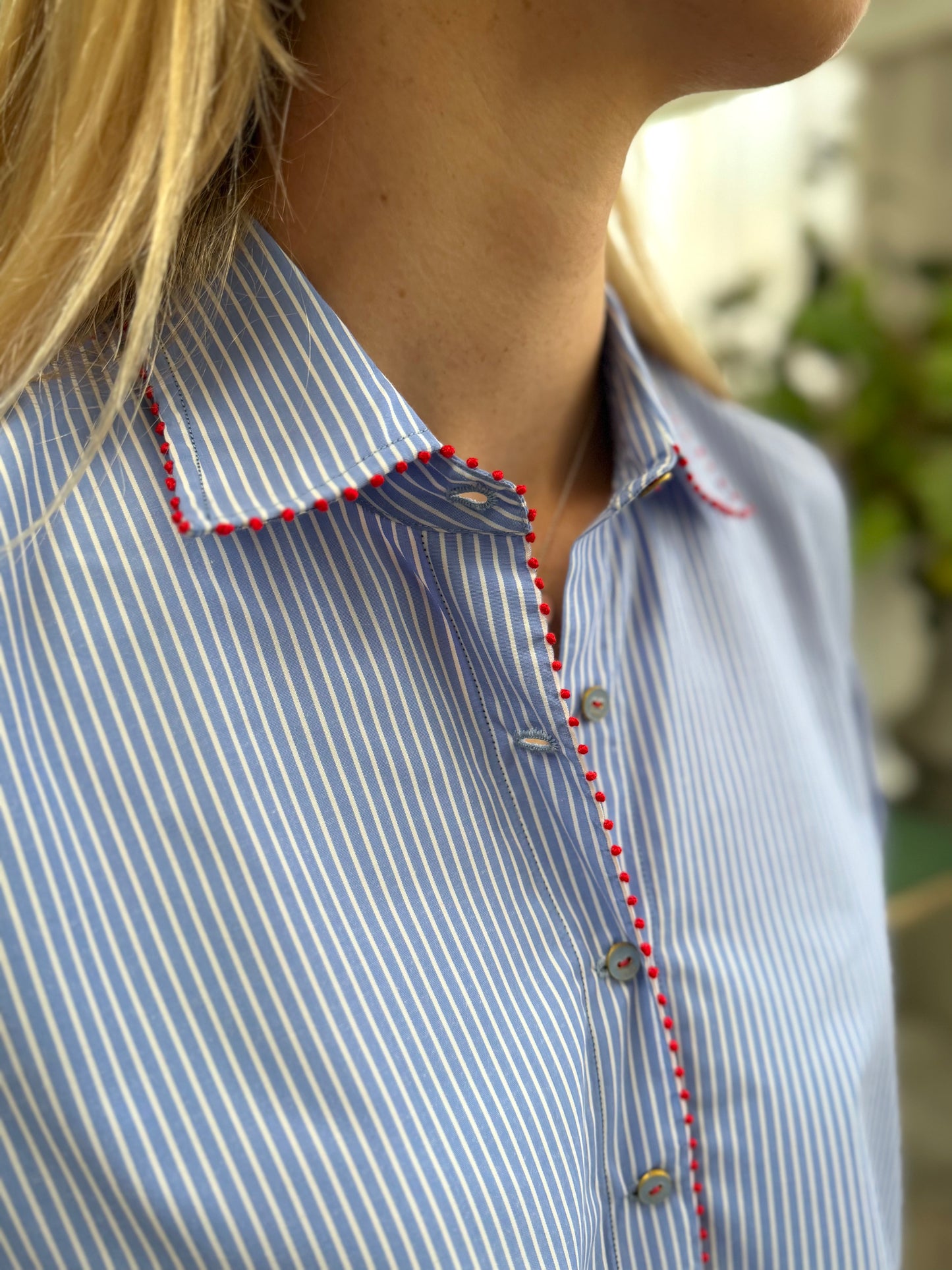 Péro Button Up Blue/White Stripe Shirt With Red Stitching