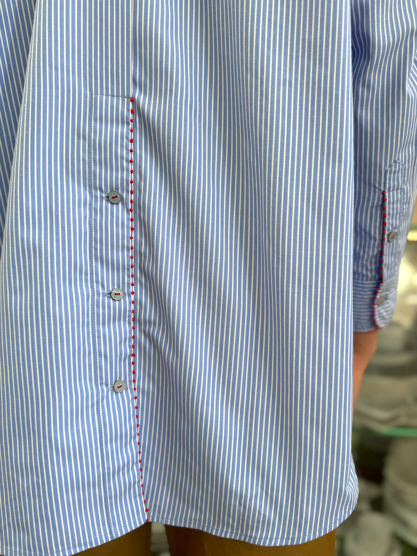 Péro Button Up Blue/White Stripe Shirt With Red Stitching