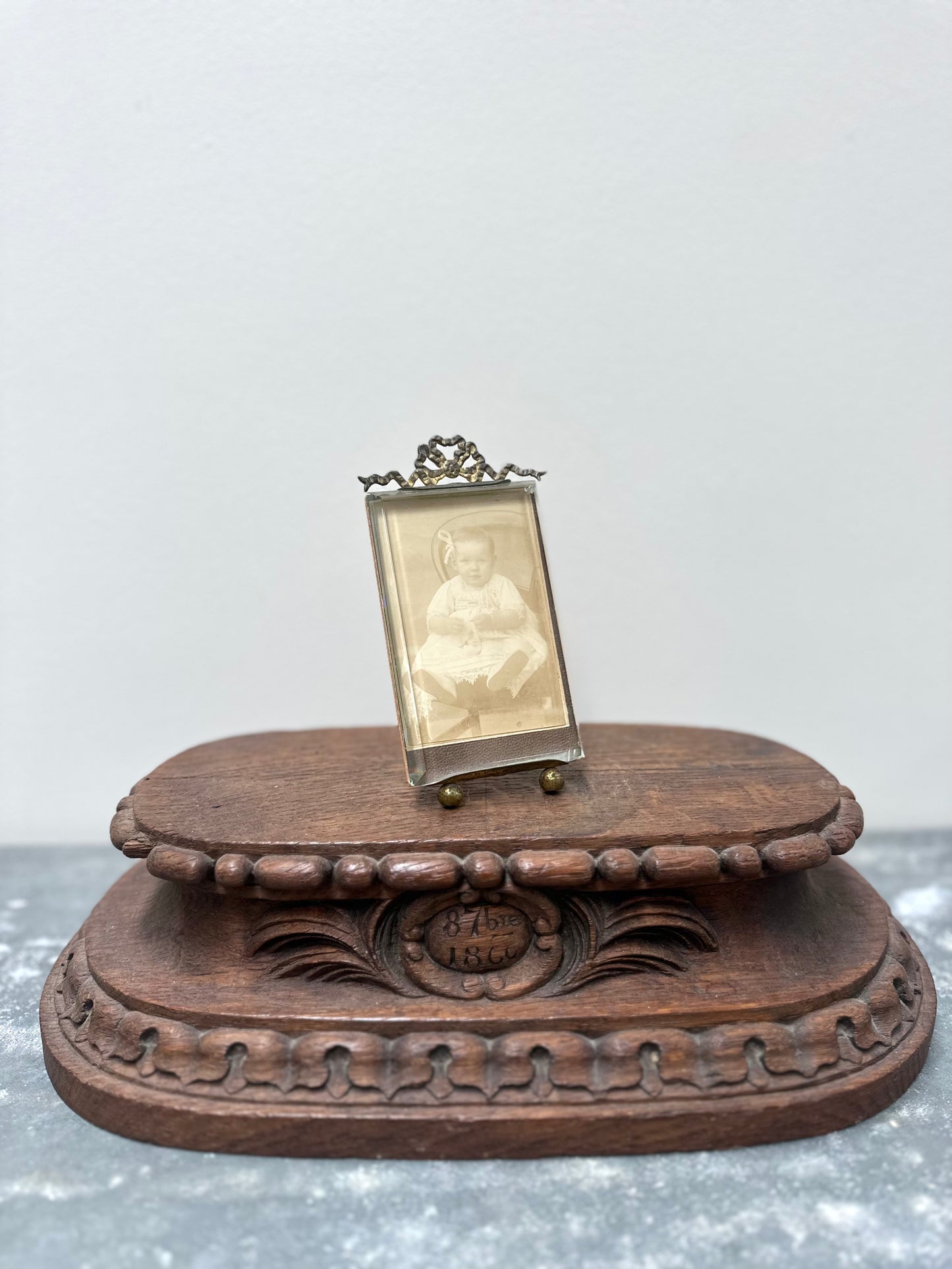 Antique French Bevelled Glass Photo Frame with Baby Portrait