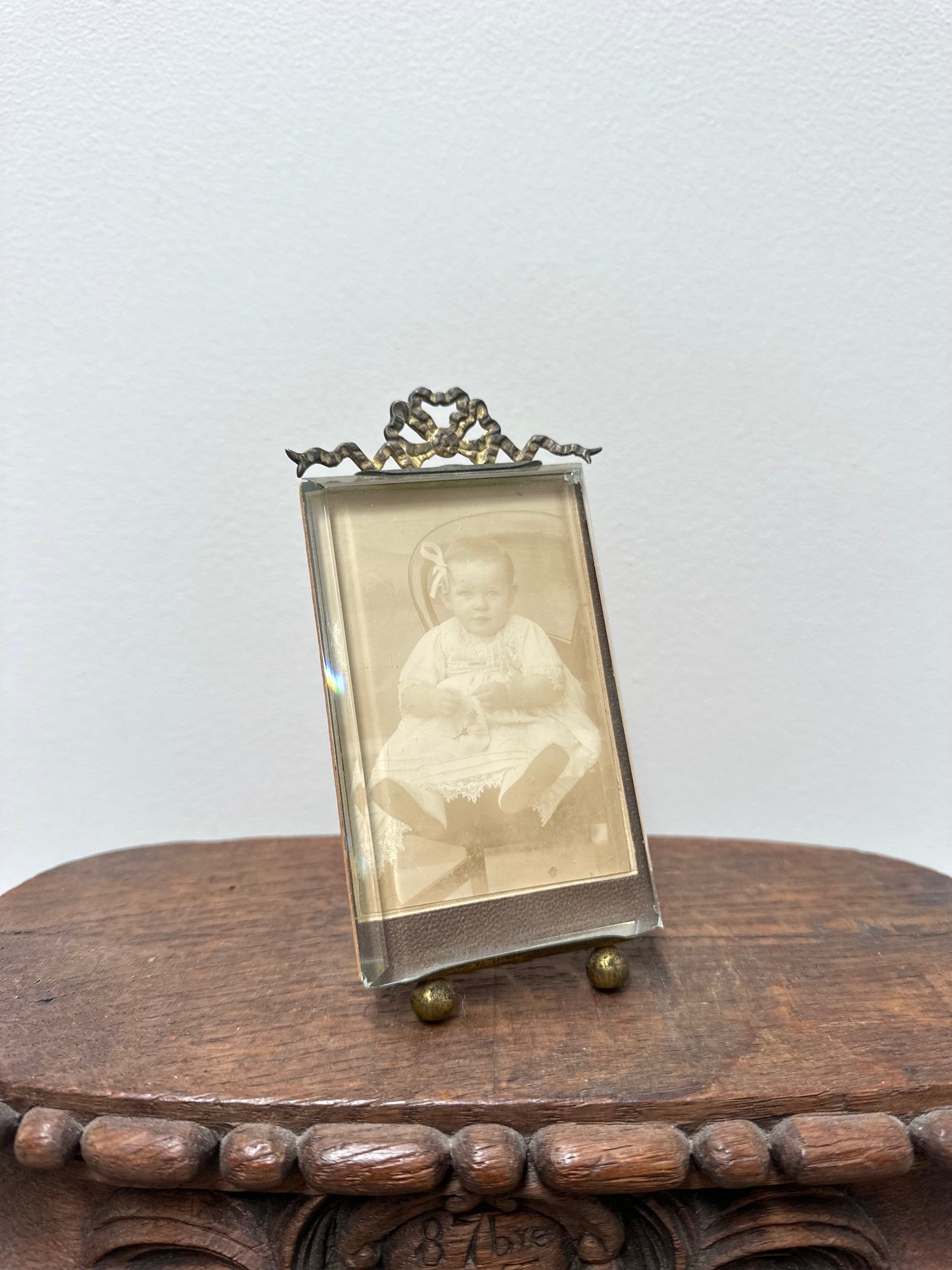 Antique French Bevelled Glass Photo Frame with Baby Portrait