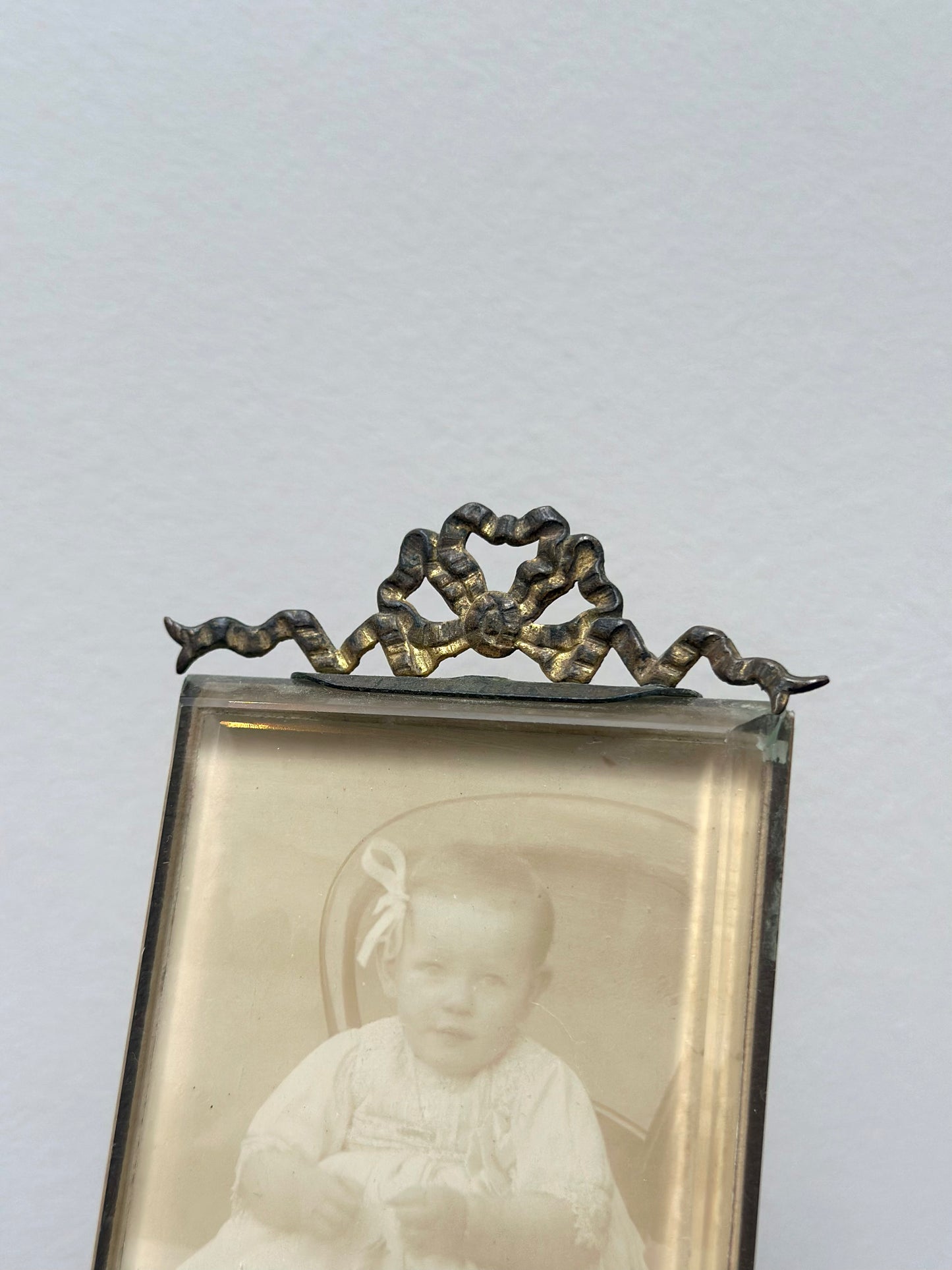 Antique French Bevelled Glass Photo Frame with Baby Portrait