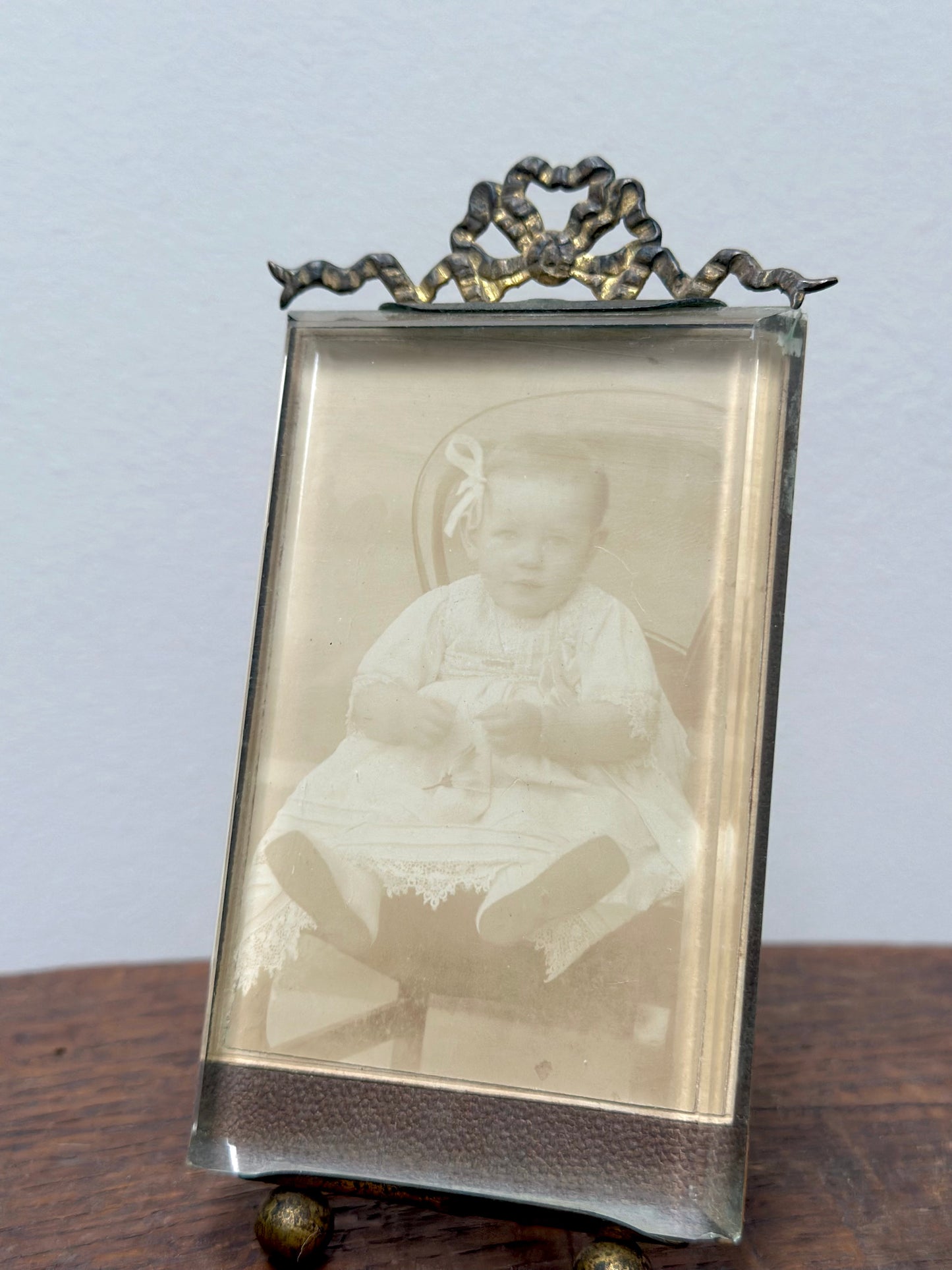Antique French Bevelled Glass Photo Frame with Baby Portrait