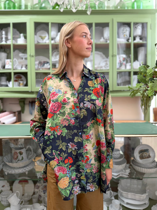 Péro Navy Floral Button Up Silk Shirt