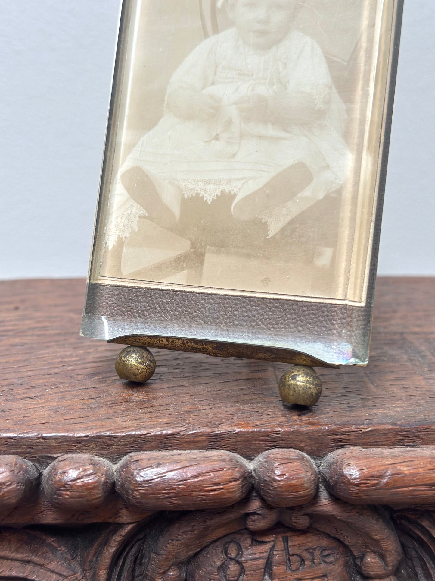 Antique French Bevelled Glass Photo Frame with Baby Portrait
