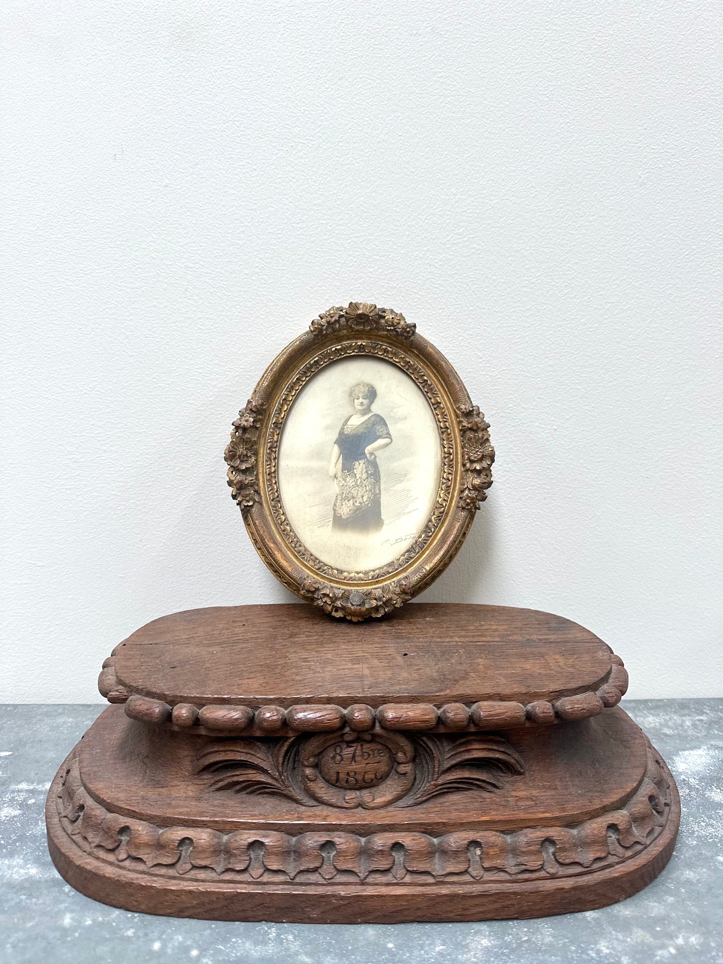 Antique French Oval Floral Photo Frame with Portrait