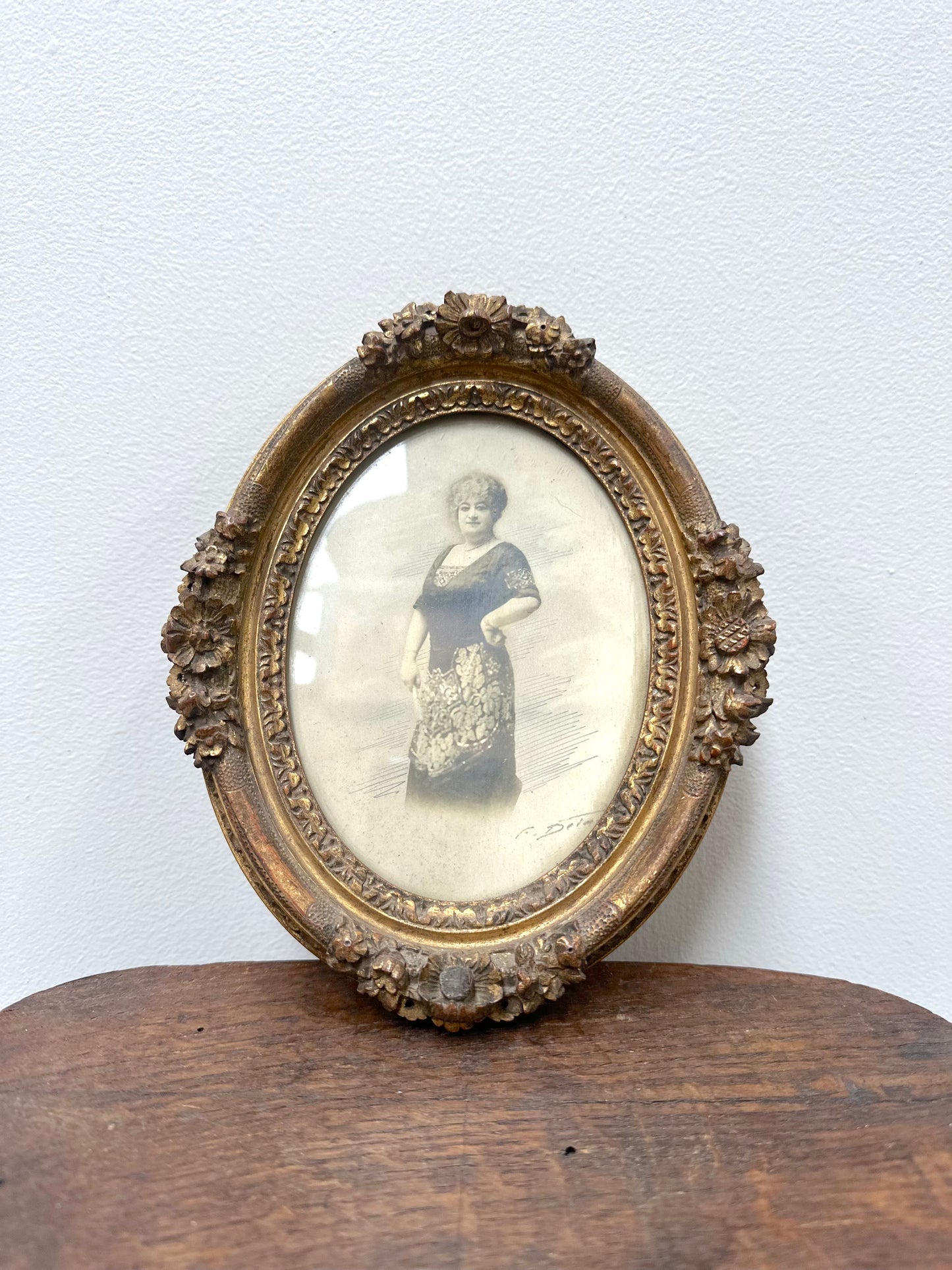 Antique French Oval Floral Photo Frame with Portrait