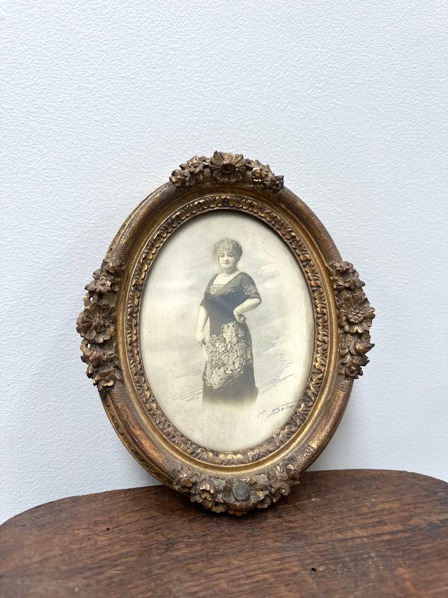 Antique French Oval Floral Photo Frame with Portrait