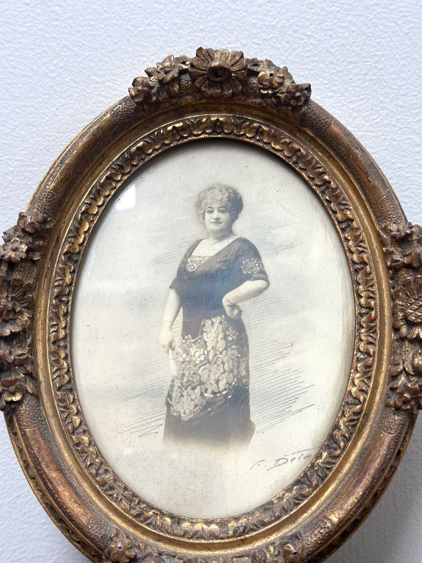 Antique French Oval Floral Photo Frame with Portrait
