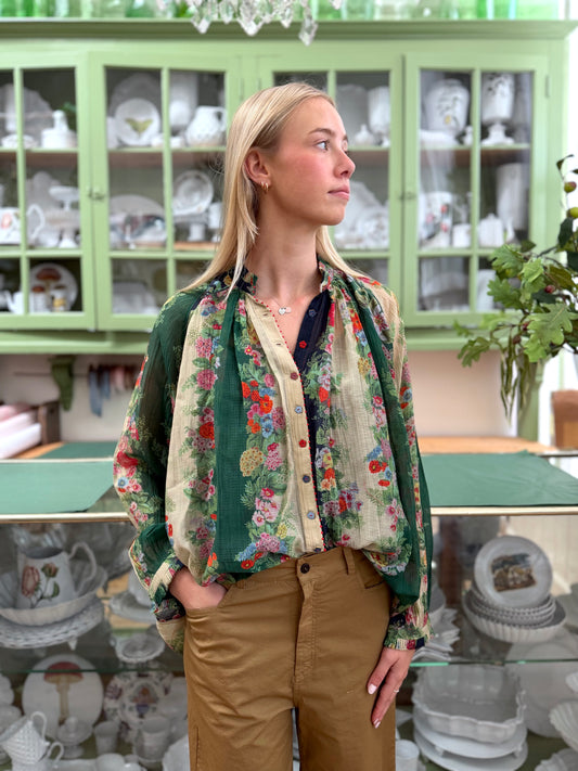 Péro Green Floral Cotton/Silk Blend Button Up Shirt