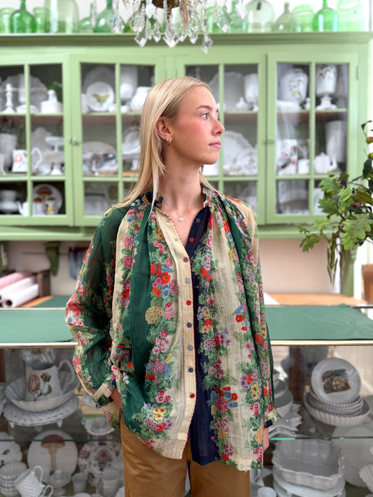 Péro Green Floral Cotton/Silk Blend Button Up Shirt