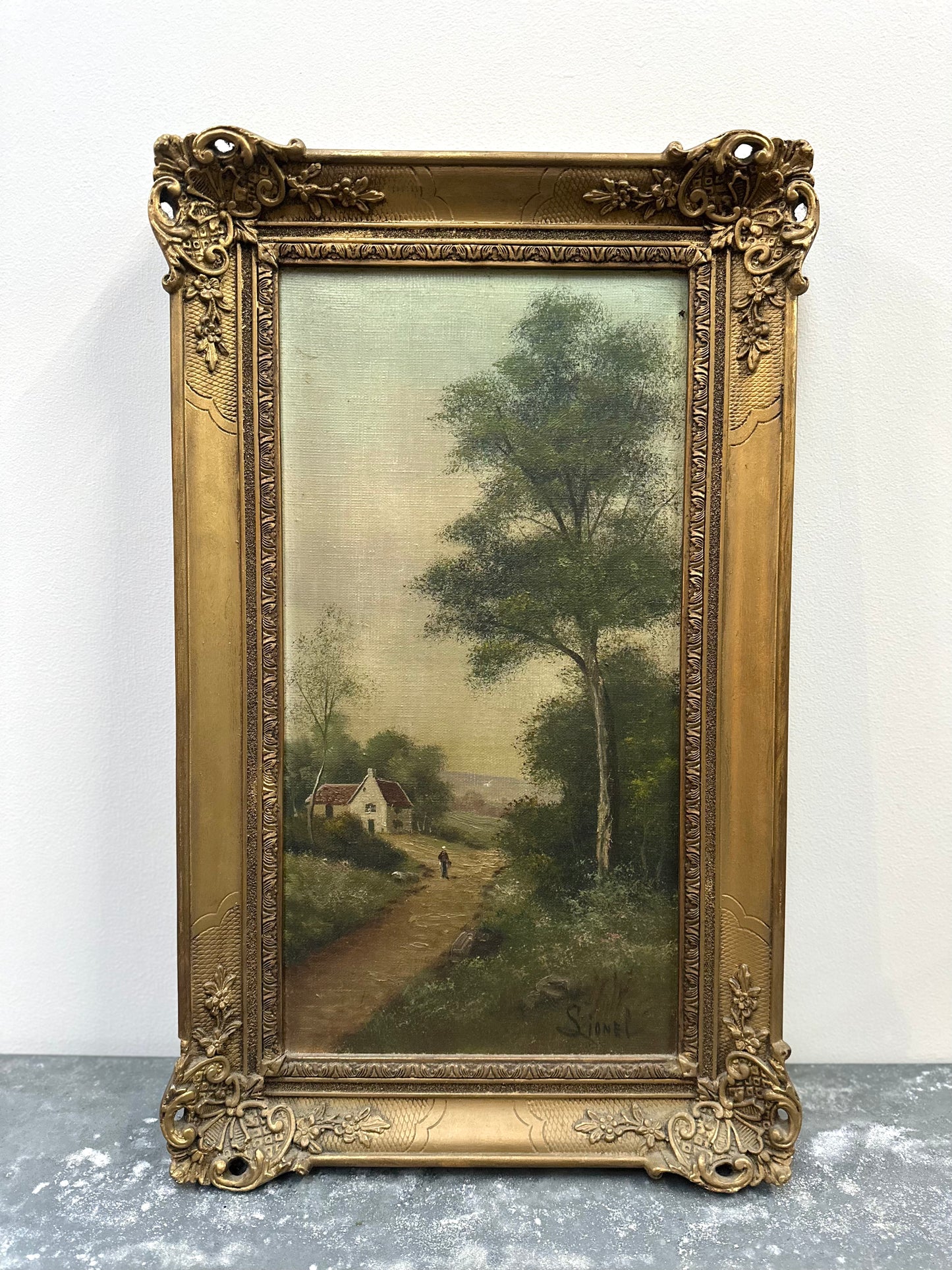 Antique French Gilt Framed Countryside Oil Painting