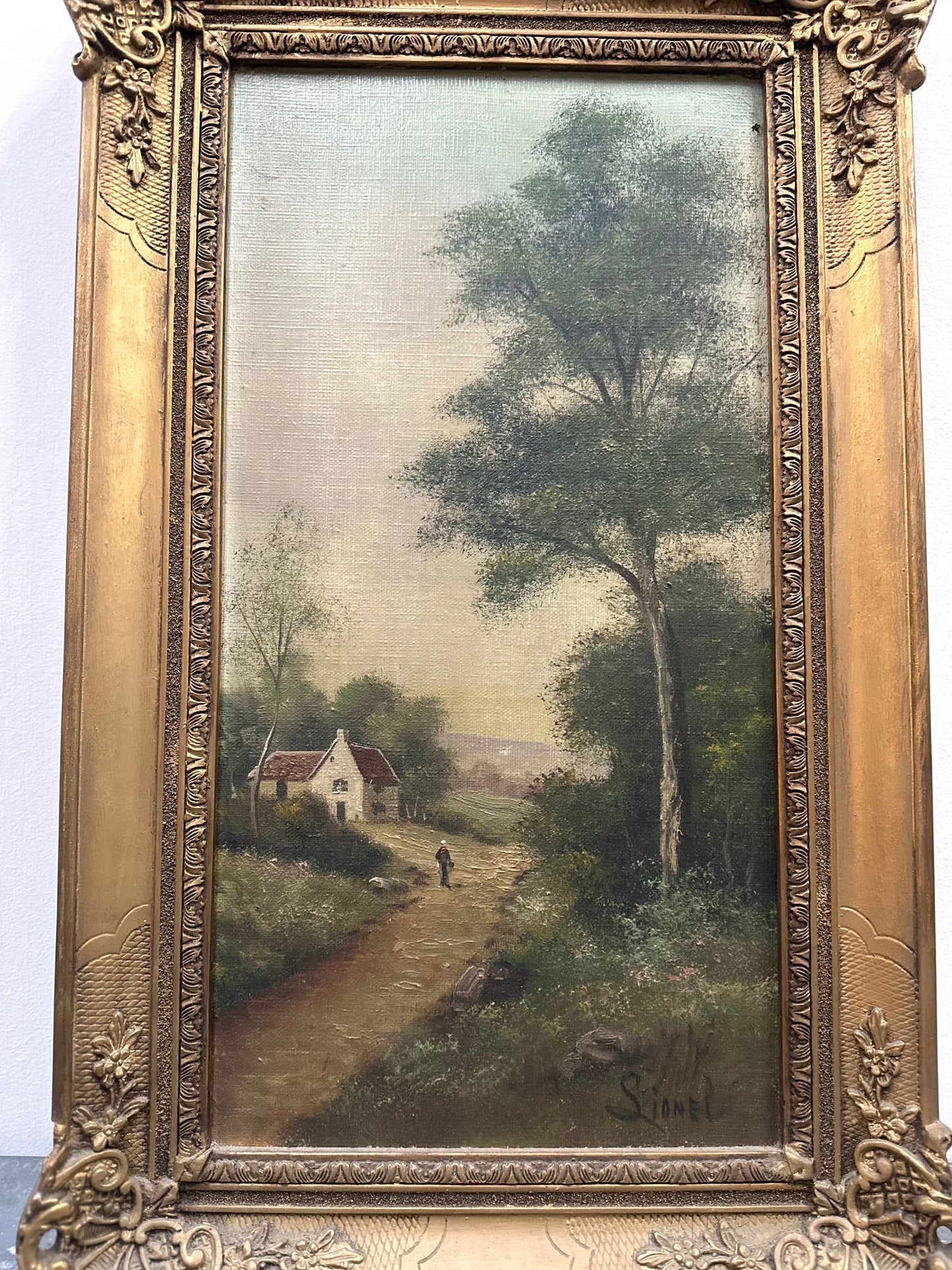 Antique French Gilt Framed Countryside Oil Painting