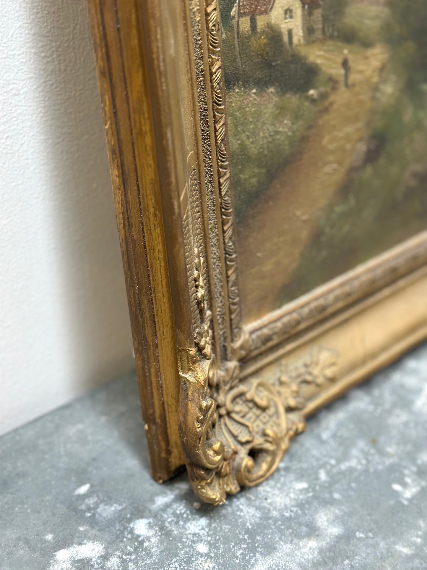 Antique French Gilt Framed Countryside Oil Painting
