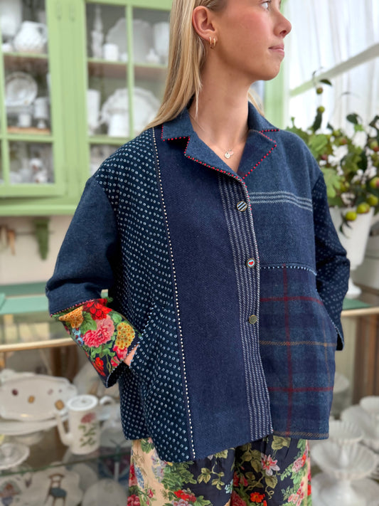 Péro Navy Wool Jacket With Floral Accents