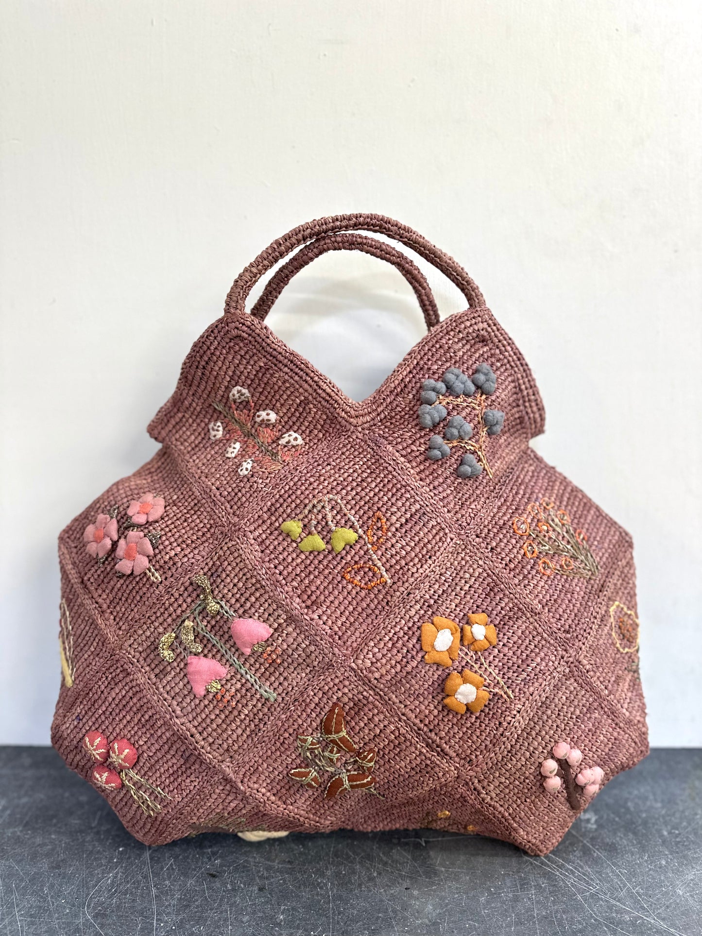 Sophie Digard Large Pink Raffia Bag With Spring Flowers