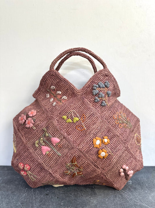Sophie Digard Large Pink Raffia Bag With Spring Flowers