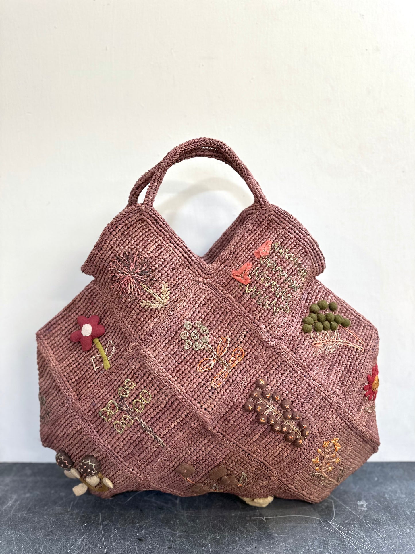 Sophie Digard Large Pink Raffia Bag With Spring Flowers