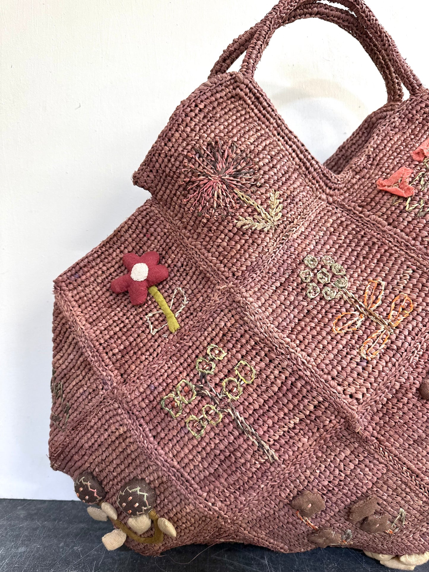 Sophie Digard Large Pink Raffia Bag With Spring Flowers