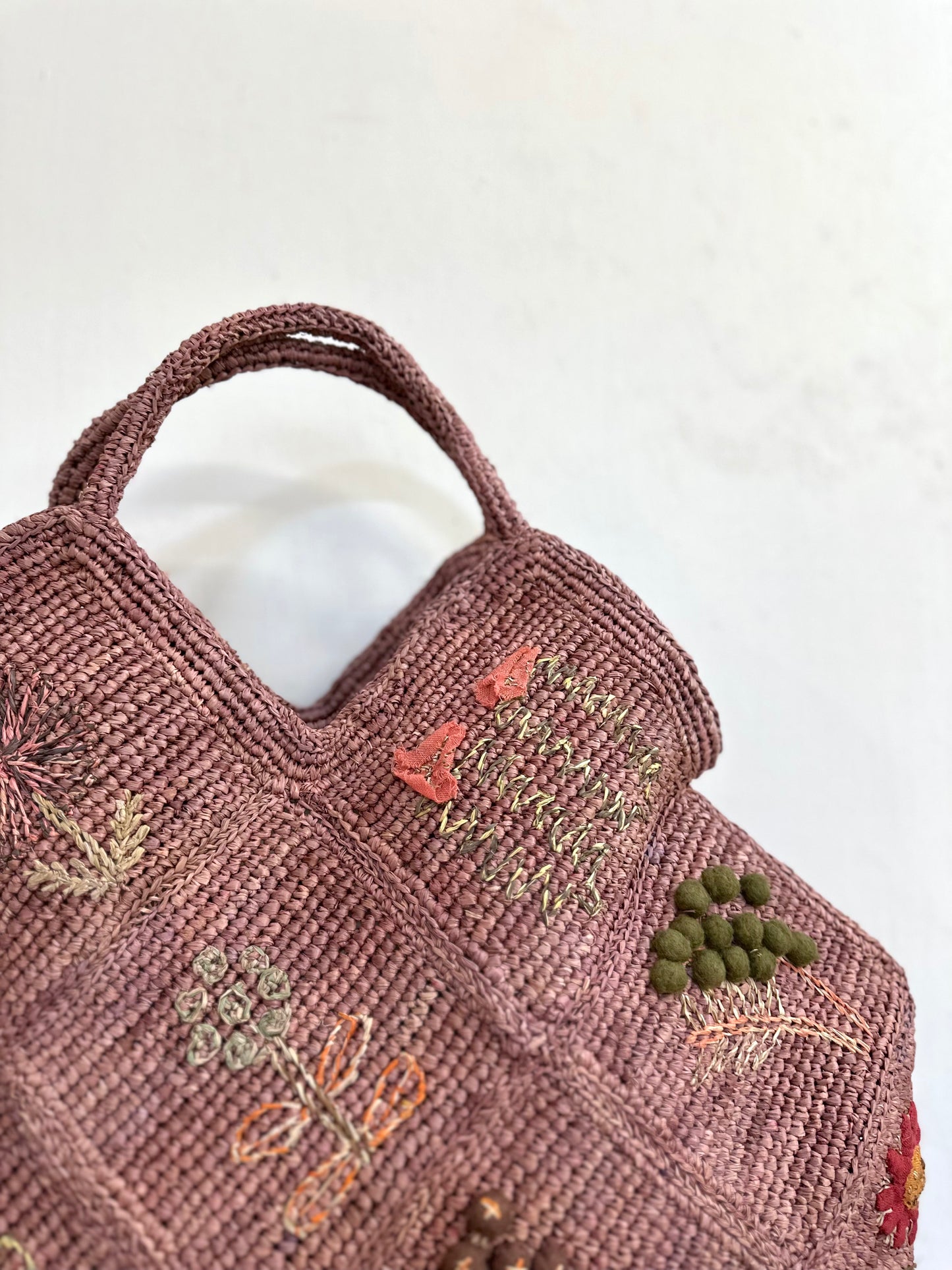 Sophie Digard Large Pink Raffia Bag With Spring Flowers