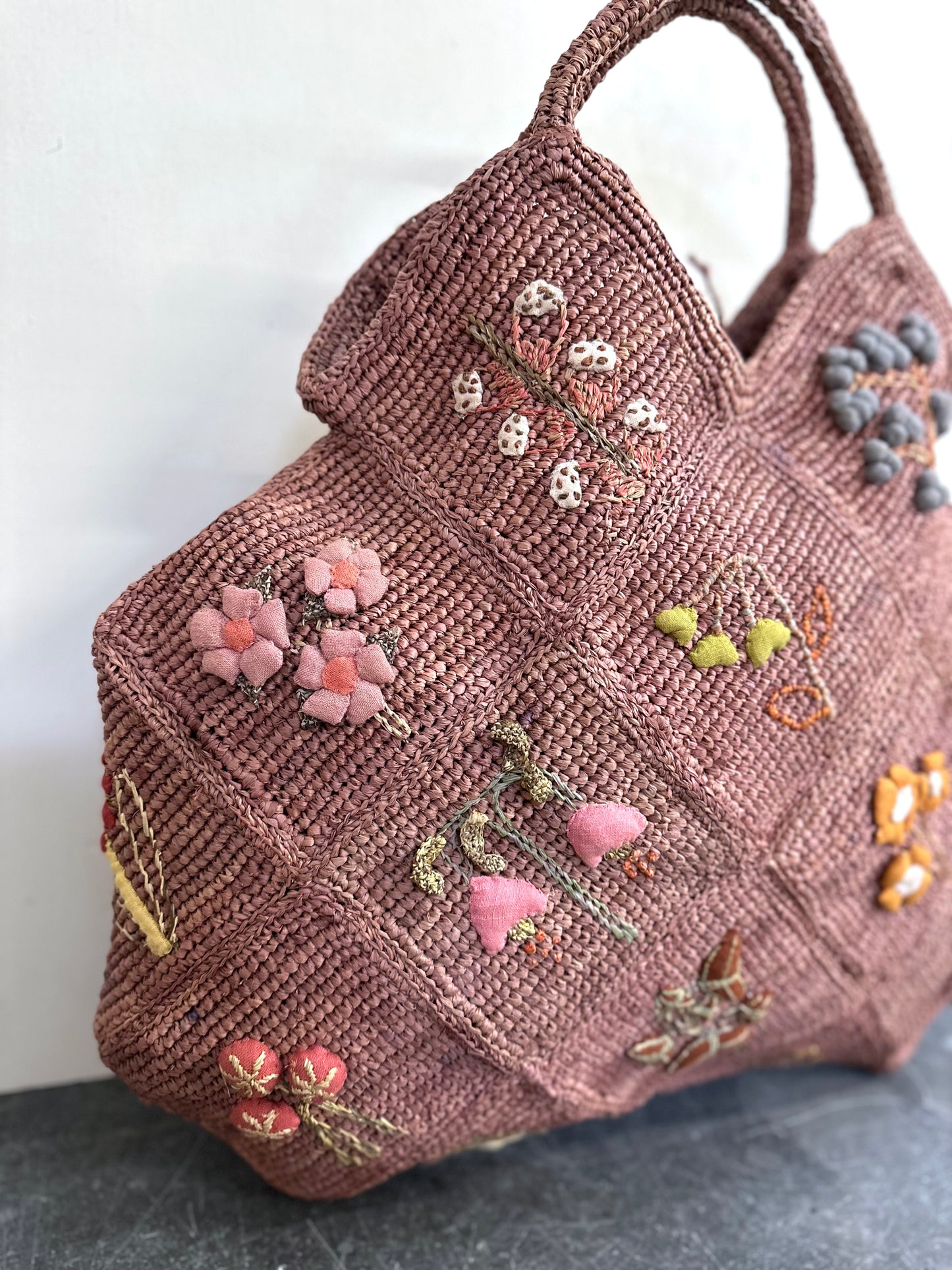 Sophie Digard Large Pink Raffia Bag With Spring Flowers