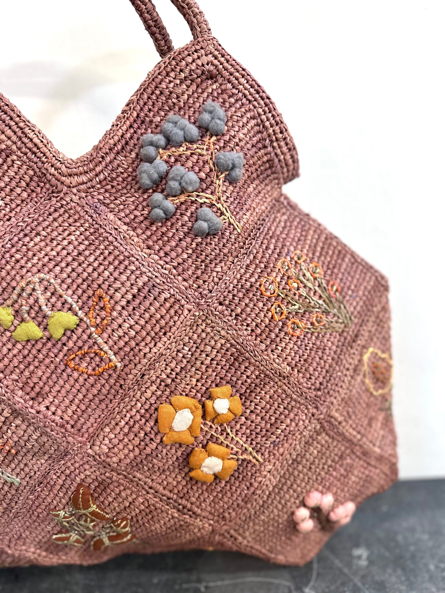 Sophie Digard Large Pink Raffia Bag With Spring Flowers