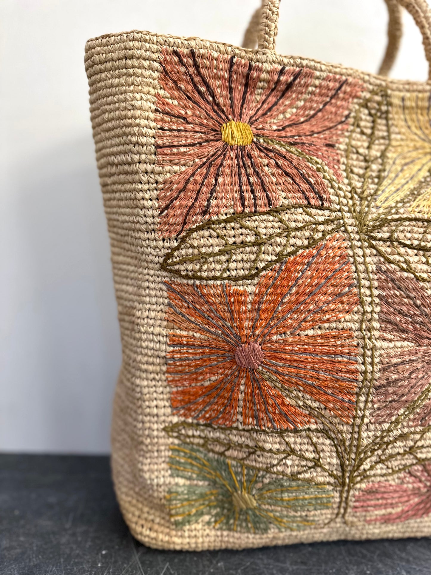 Sophie Digard Medium Natural Raffia Bag With Sunburst Flowers