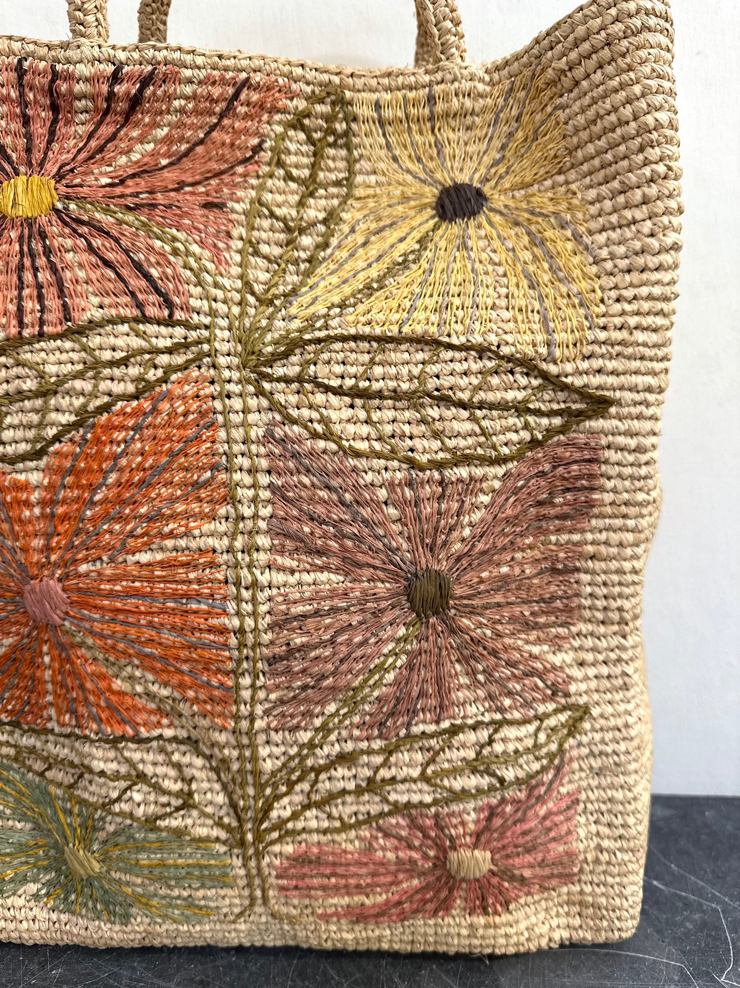 Sophie Digard Medium Natural Raffia Bag With Sunburst Flowers
