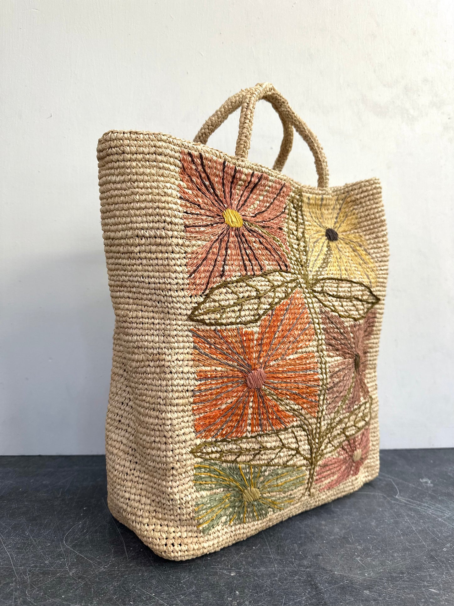 Sophie Digard Medium Natural Raffia Bag With Sunburst Flowers
