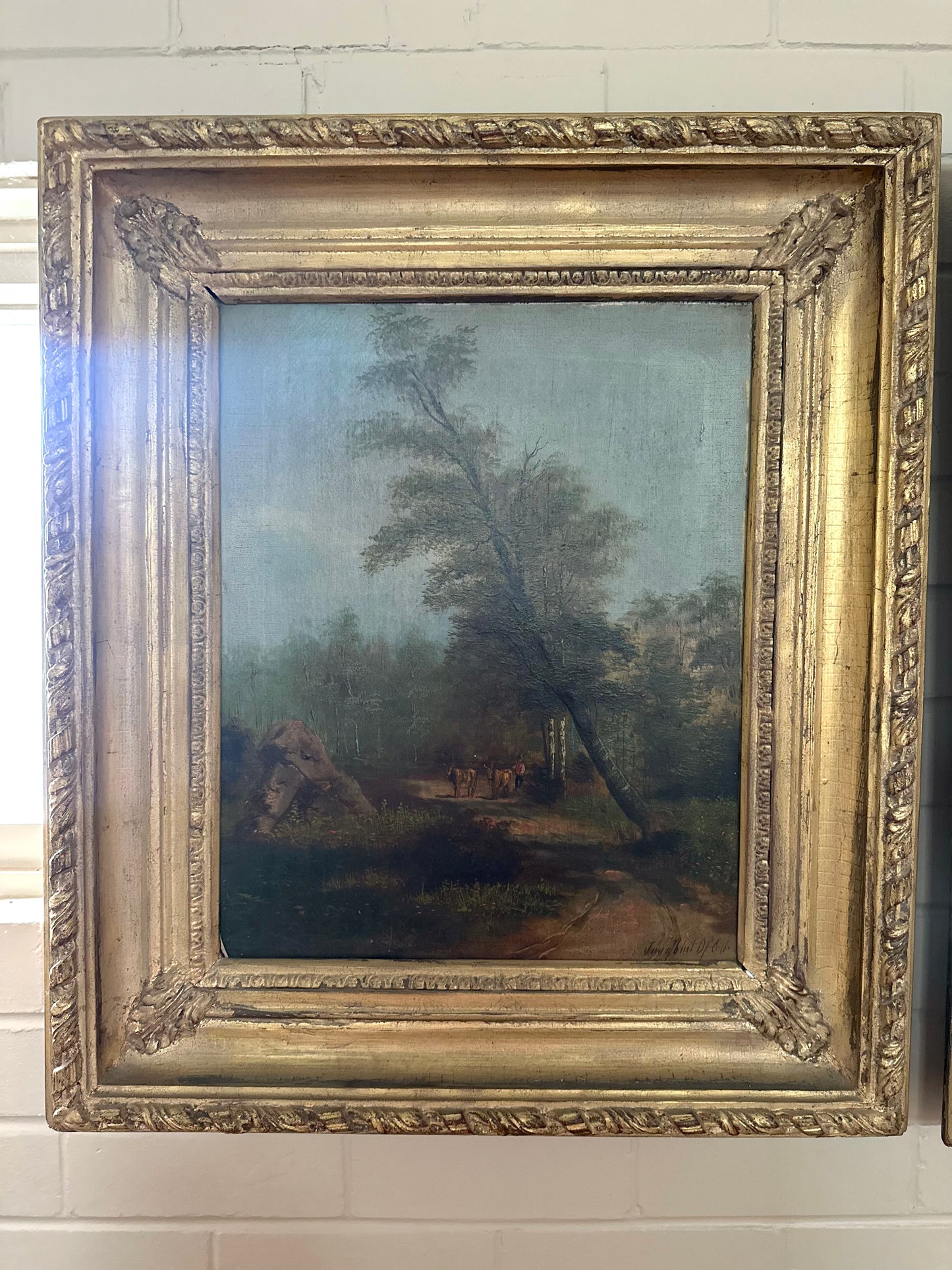 Antique European Pair of Framed Forest Scene Paintings