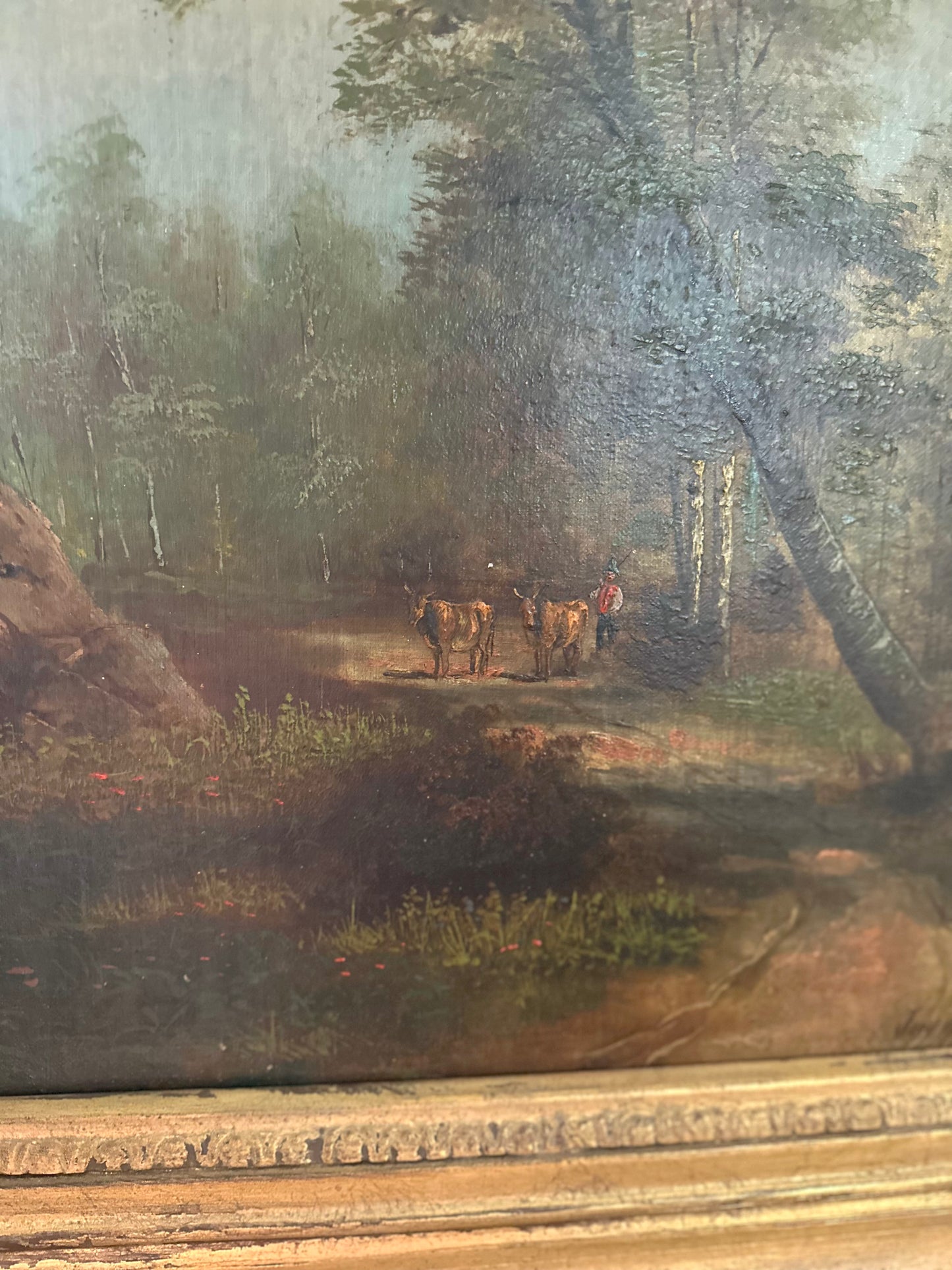 Antique European Pair of Framed Forest Scene Paintings