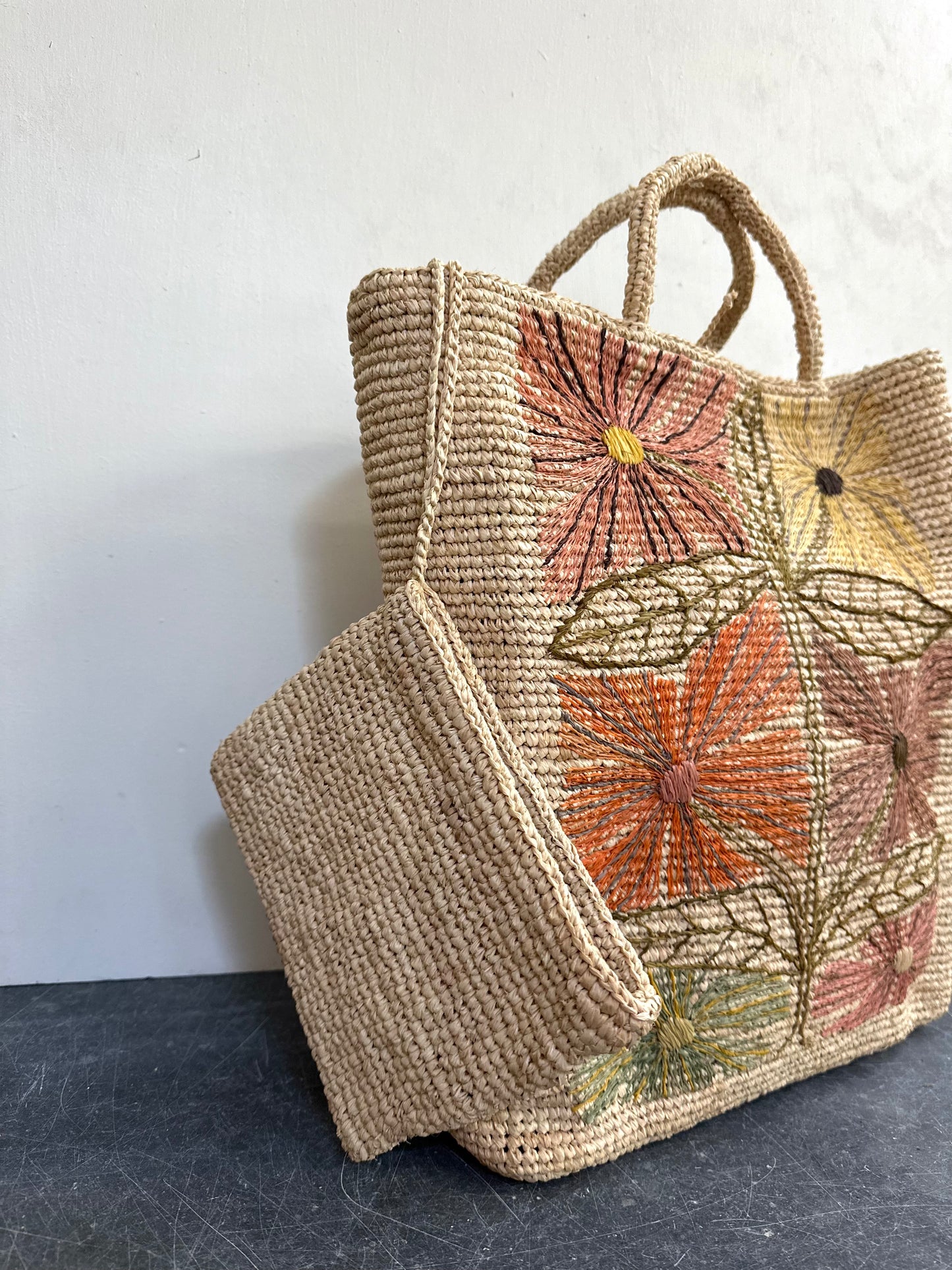 Sophie Digard Medium Natural Raffia Bag With Sunburst Flowers
