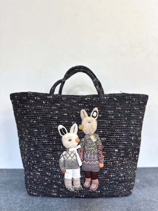 Sophie Digard Large Raffia Bag With Felt Bunny Duo