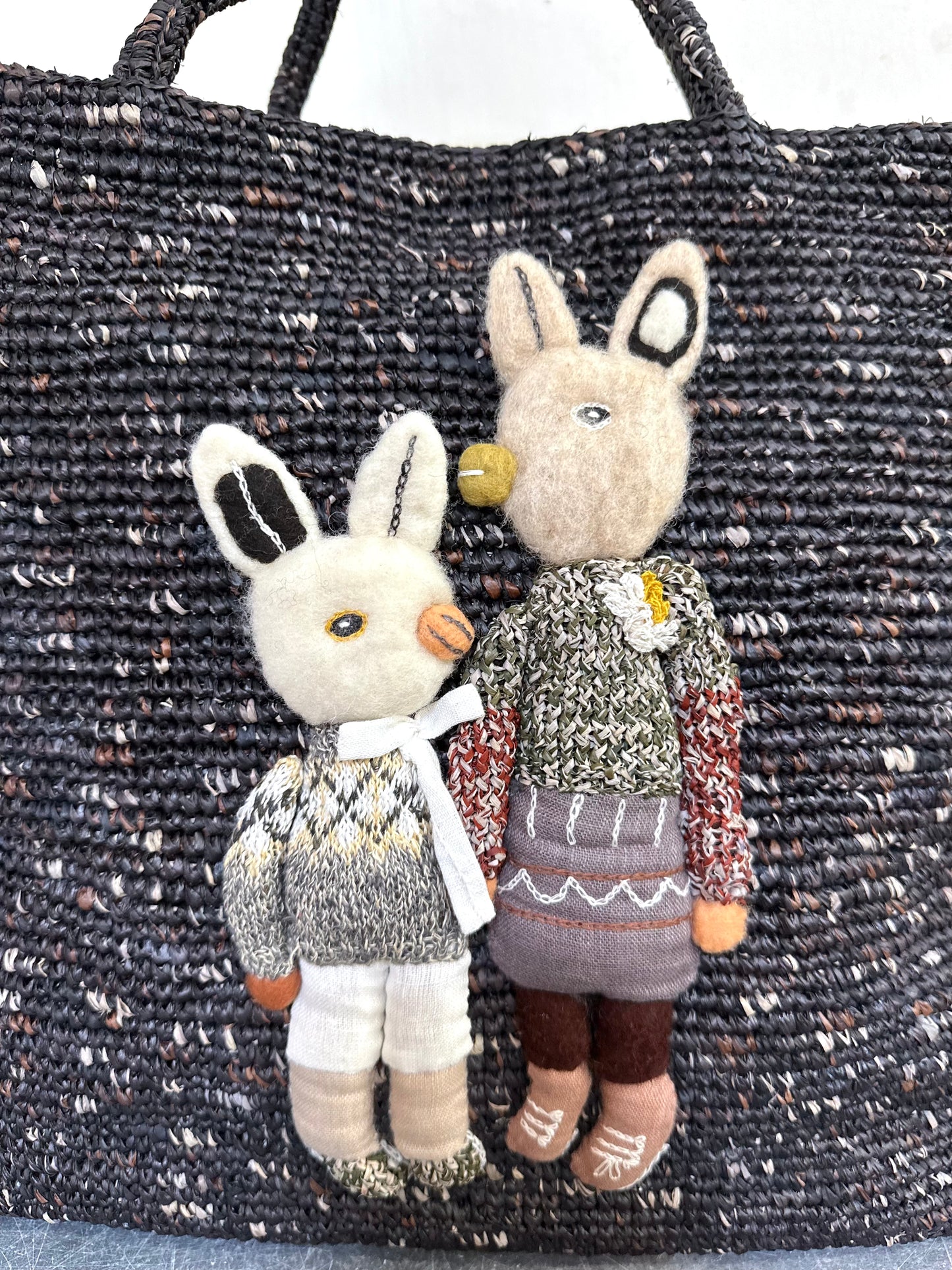 Sophie Digard Large Raffia Bag With Felt Bunny Duo