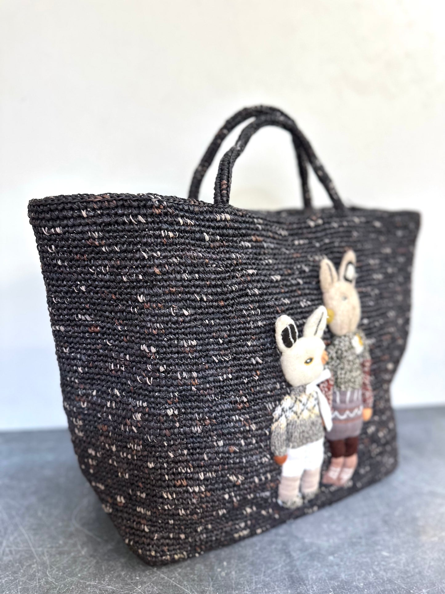 Sophie Digard Large Raffia Bag With Felt Bunny Duo