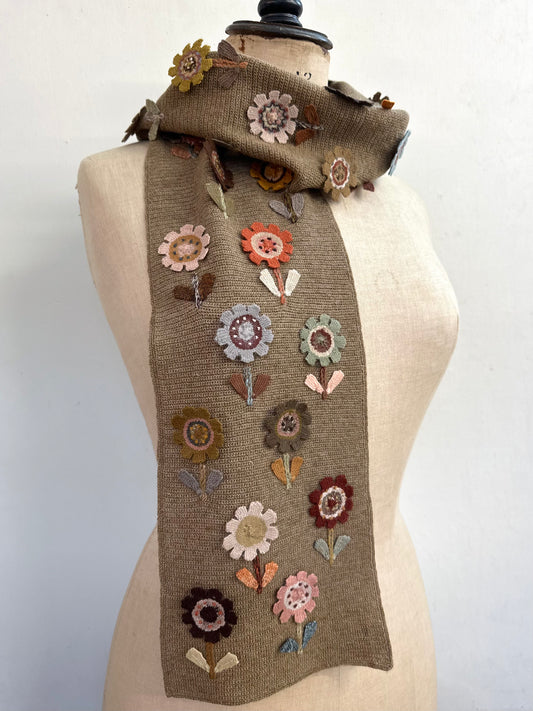 Sophie Digard Taupe Crochet Scarf With Flower Applique