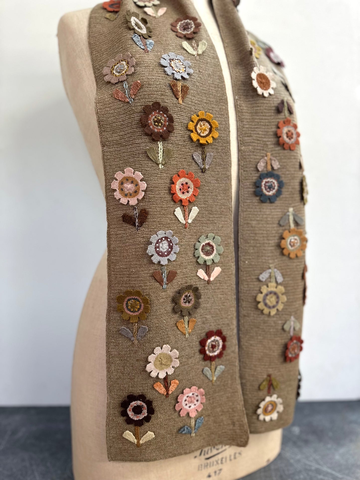 Sophie Digard Taupe Crochet Scarf With Flower Applique